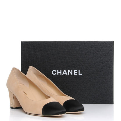 Chanel Suede Satin Cap Toe Low Heel Pumps 39 Beige Black 9 of 9