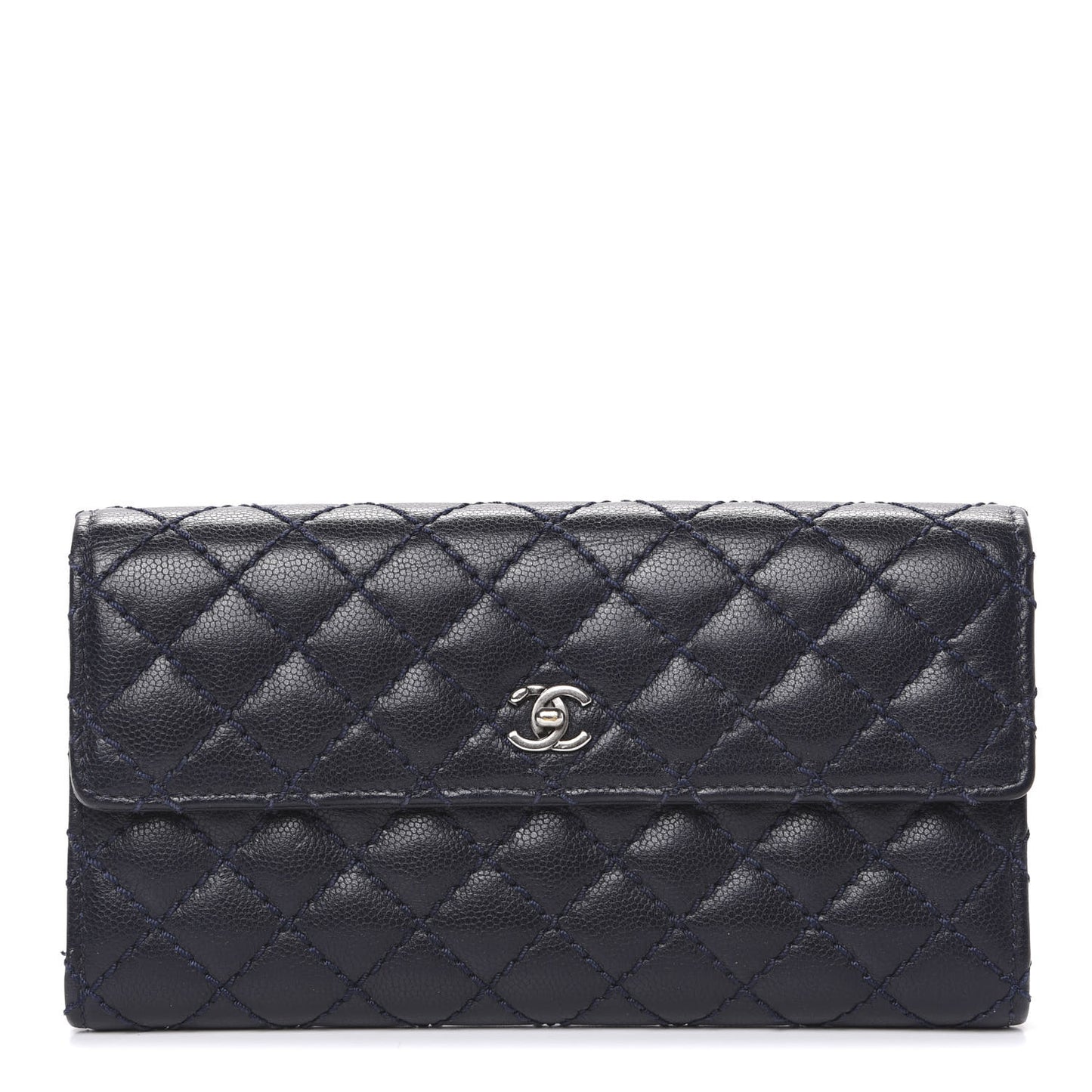 Grained Calfskin Stitched Quilted CC Long Wallet Navy