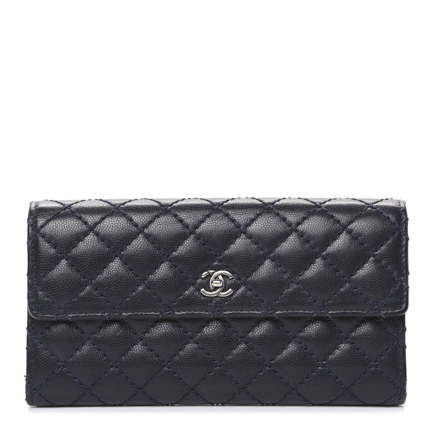 Chanel Grained Calfskin Stitched Quilted CC Long Wallet Navy 1 of 11
