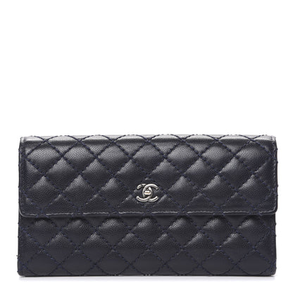 Chanel Grained Calfskin Stitched Quilted CC Long Wallet Navy 1 of 11