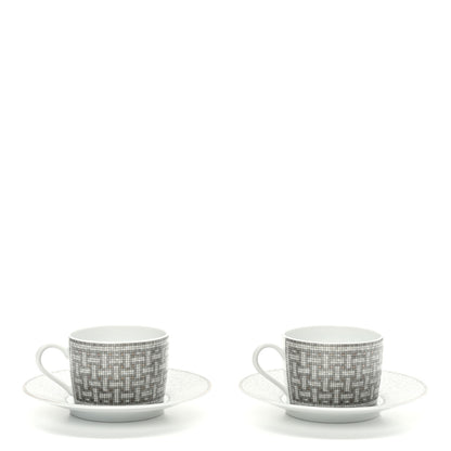Hermes Porcelain Mosaique Au 24 Platine Tea Cup And Saucer Set Of 2 Platinum 3 of 9