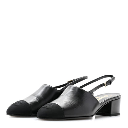 Chanel Goatskin Grosgrain Cap Toe CC Slingback Pumps 38.5 Black 3 of 10