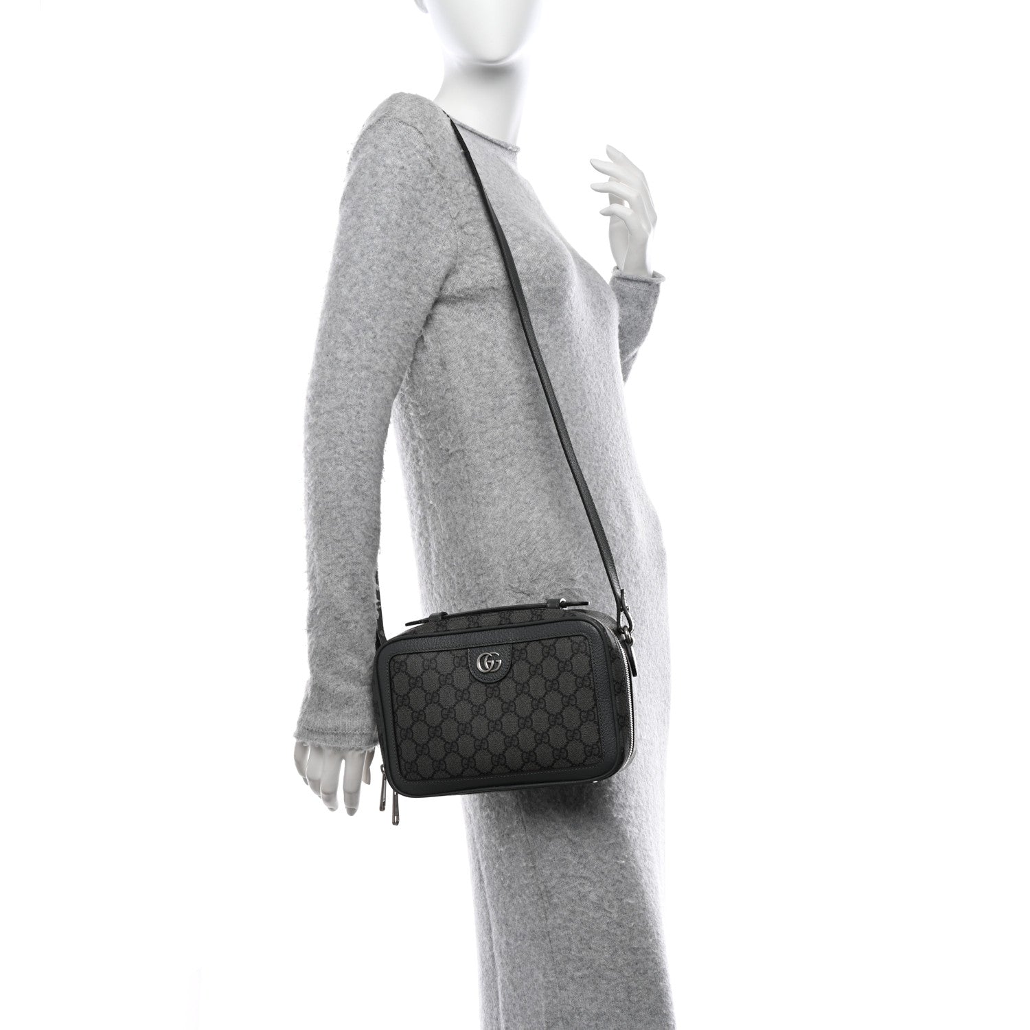 Gucci GG Supreme Monogram Textured Dollar Calfskin Small Ophidia Top Handle Shoulder Bag Grey Black Graphite Grey 2 of 14
