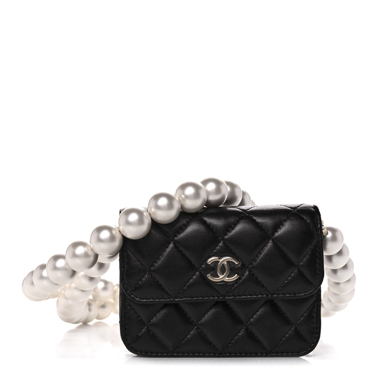 Calfskin Quilted Maxi Pearls Card Holder Flap With Chain Black