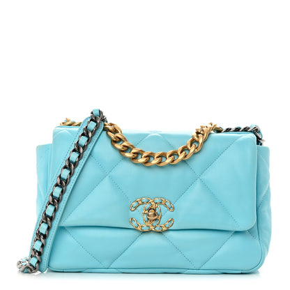 Chanel Shiny Lambskin Quilted Medium Chanel 19 Flap Light Blue 1 of 12
