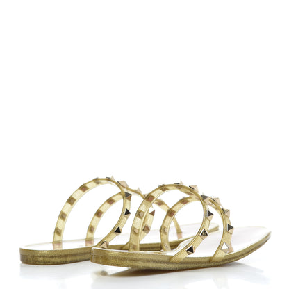 Valentino Garavani PVC Jelly Glitter Rockstud Caged Flat Thong Sandals 35 Oro 4 of 8