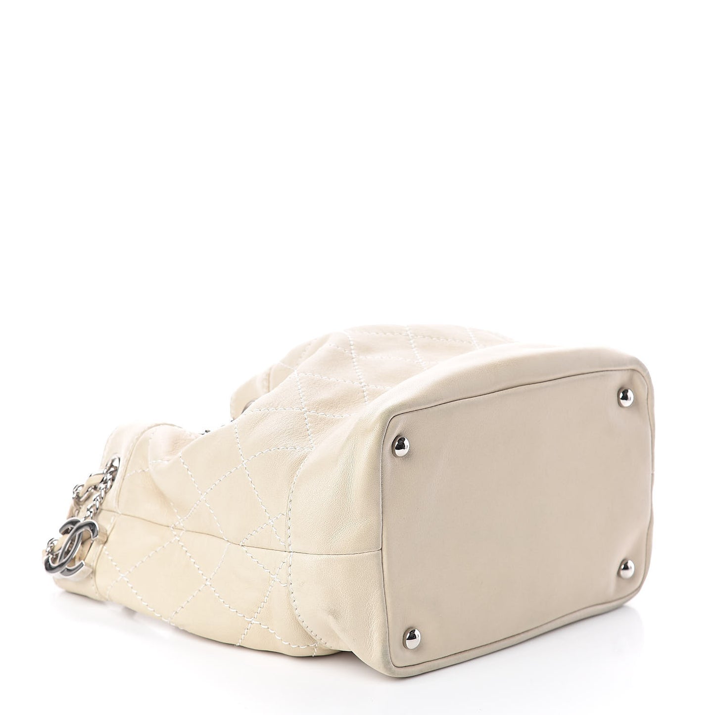 Lambskin Contrast Stitch Small Drawstring Tote Ivory