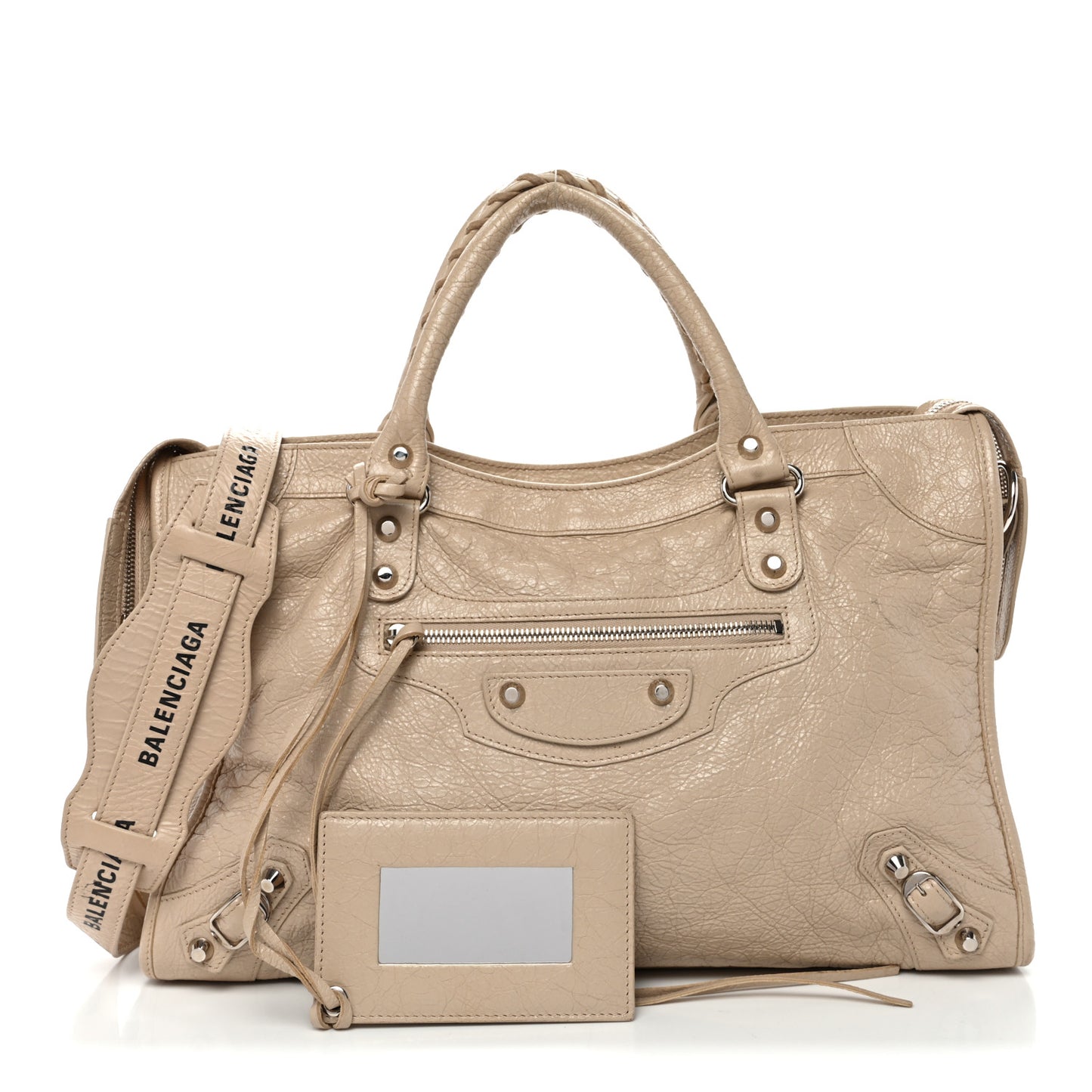 Agneau Classic Silver Hardware City Logo Strap Light Beige Black