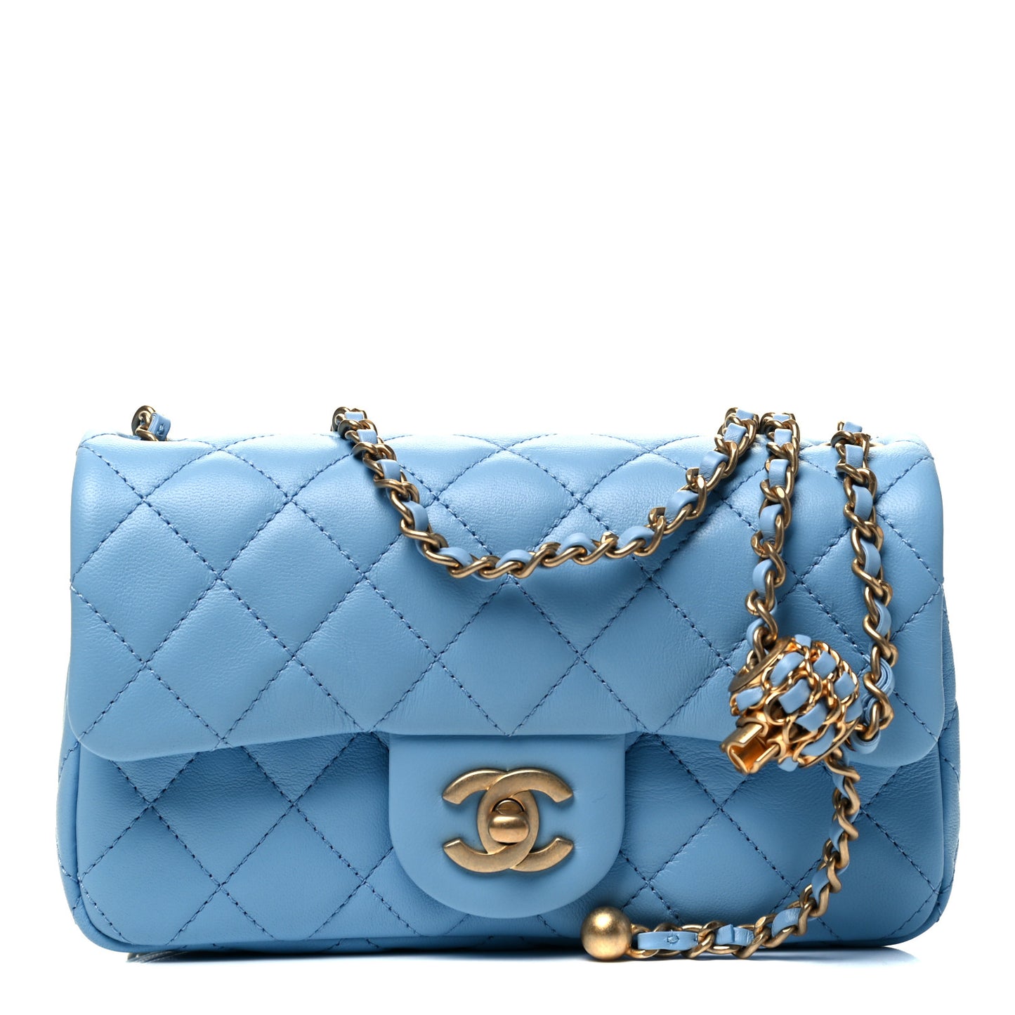 Lambskin Quilted Mini Rectangular Pearl Crush Flap Light Blue