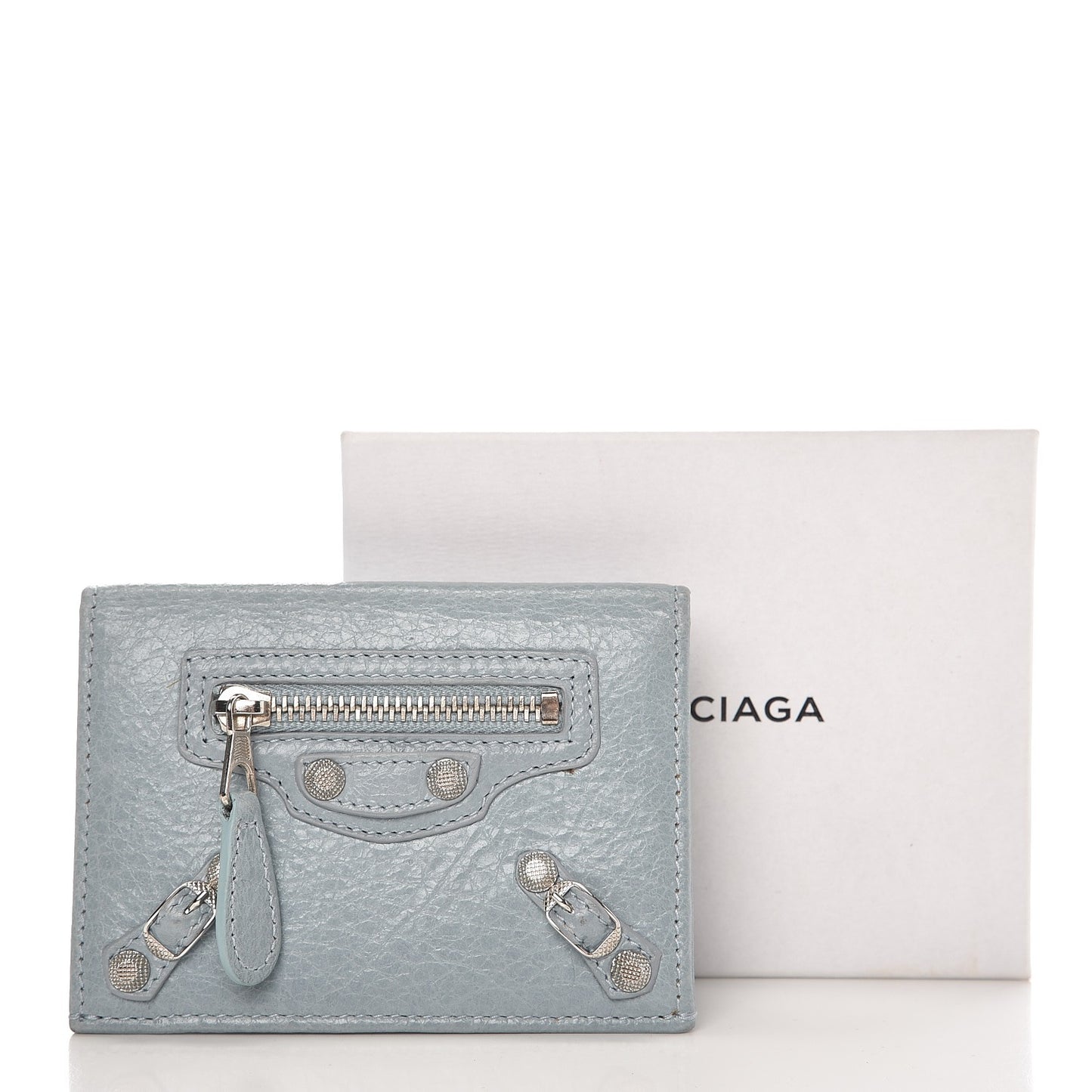 Agneau Giant 12 Silver Hardware Card Case Bleu Opaline