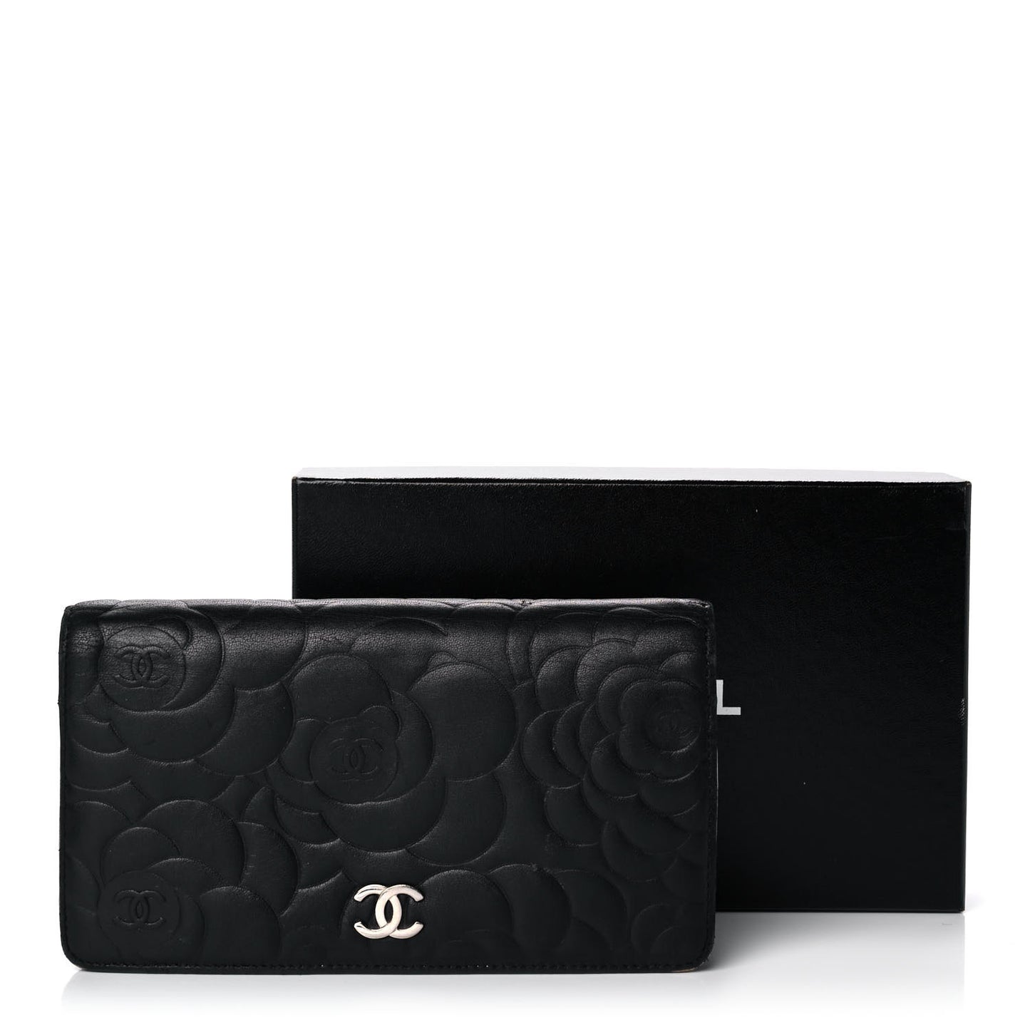 Lambskin Camellia Embossed Yen Wallet Black