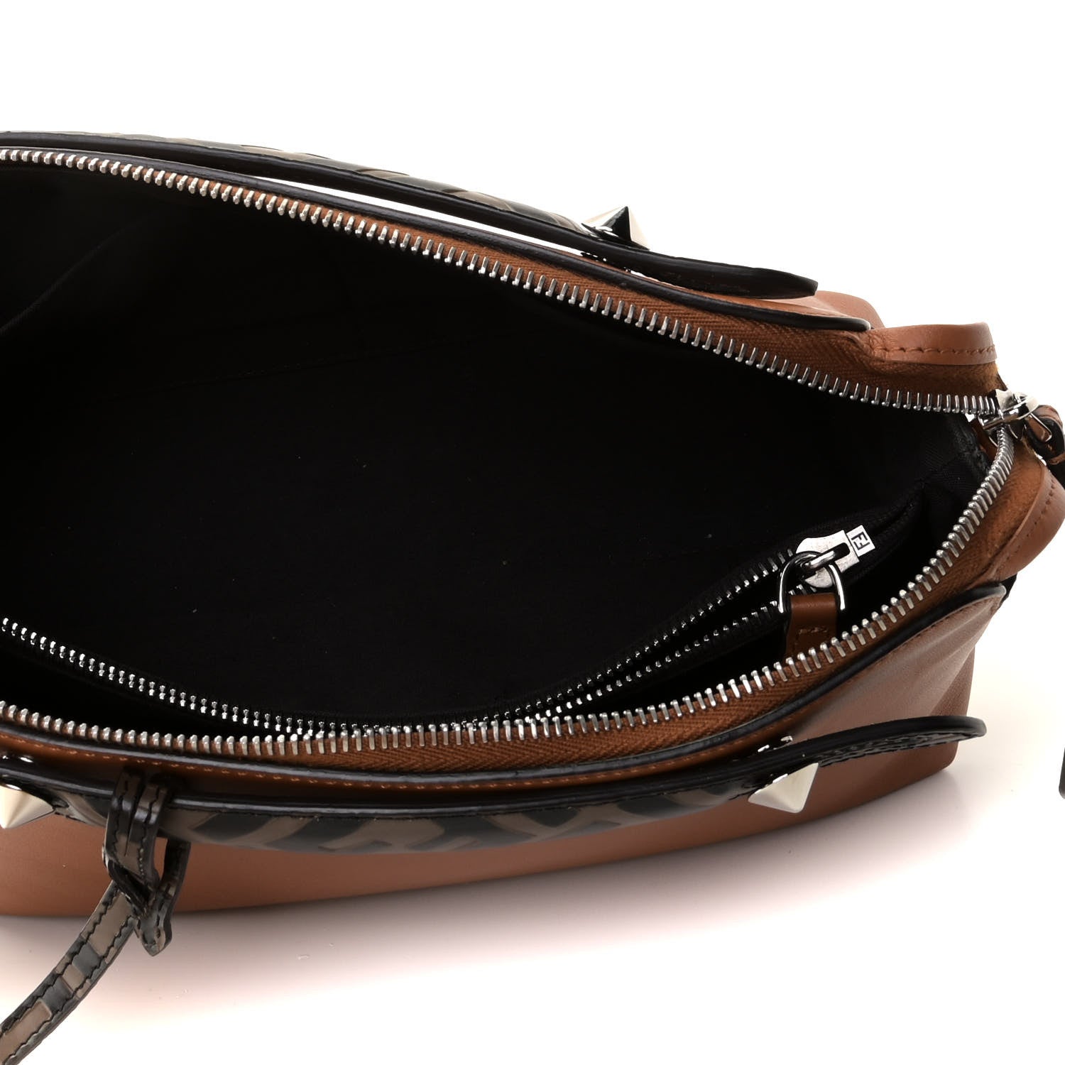 Fendi Vitello Dolce Bi-Color FF 1974 Embossed Medium By The Way Boston Bag Brandy Maya Black 6 of 12