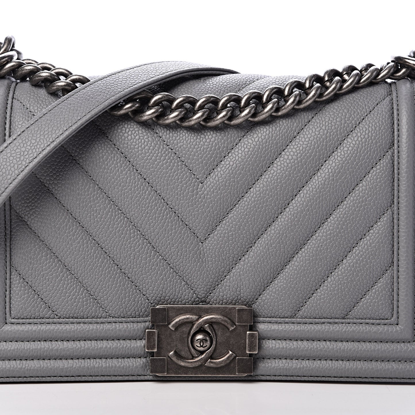 Caviar Chevron Quilted Medium Boy Flap Dark Grey