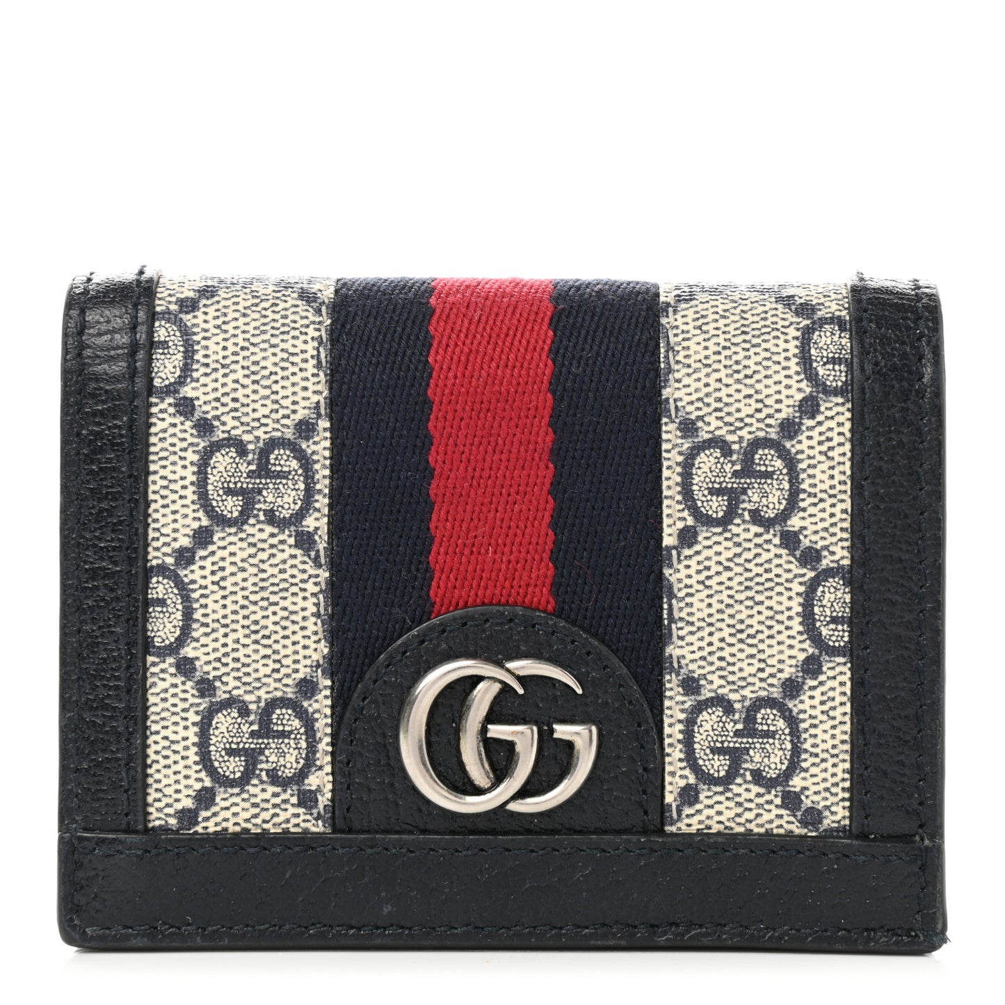 GG Supreme Monogram Textured Dollar Calfskin Web Ophidia Card Case Beige Blue