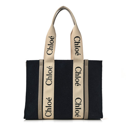 Chloe Felt Calfskin Medium Woody Ribbon Tote Navy 1 of 12