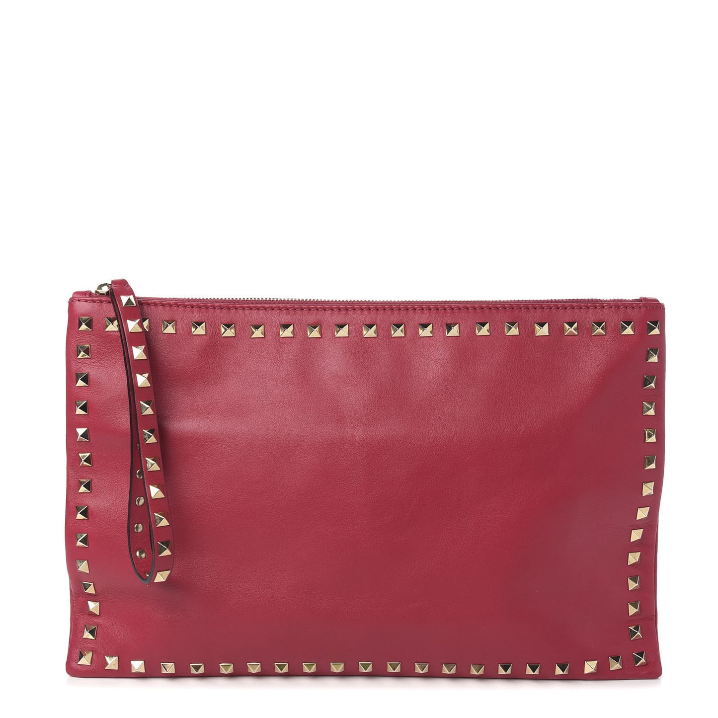 Vitello Large Rockstud Zip Wristlet Pouch Rosso Valentino