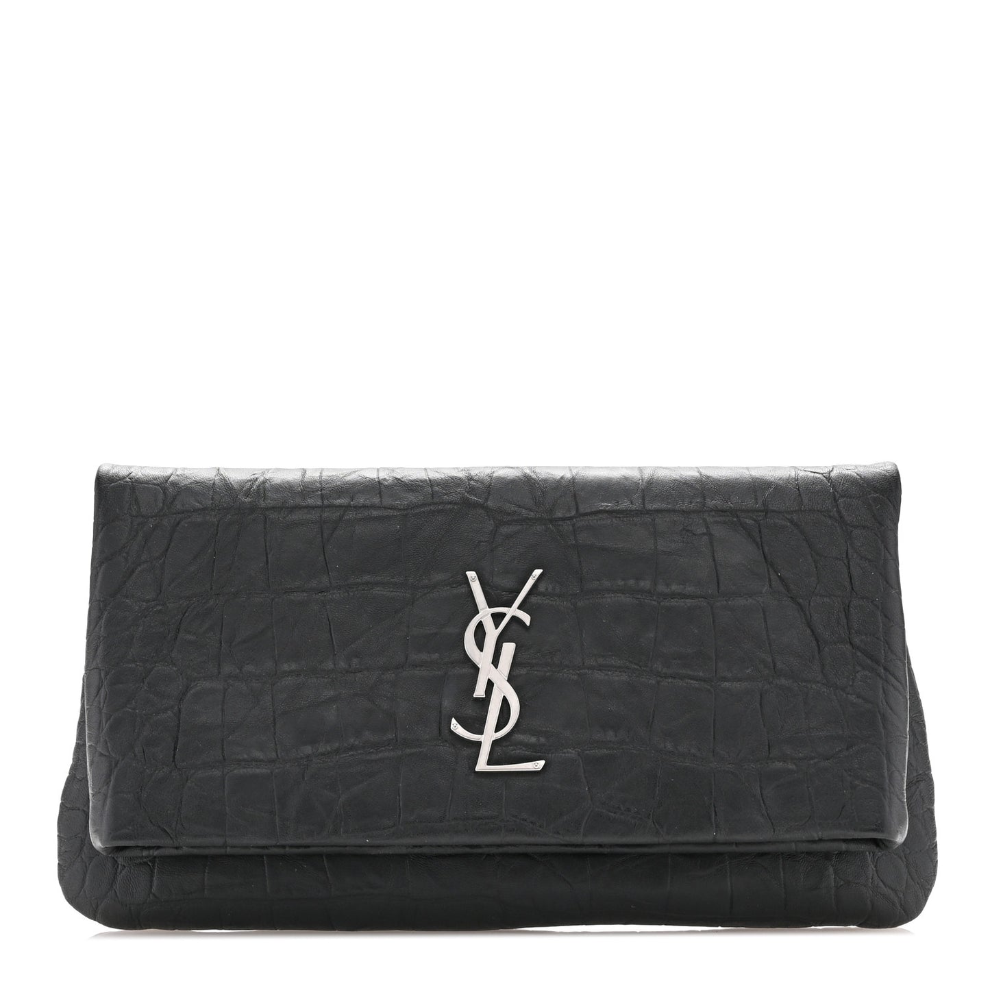 Calfskin Crocodile Embossed West Hollywood Monogram Fold Over Clutch Black