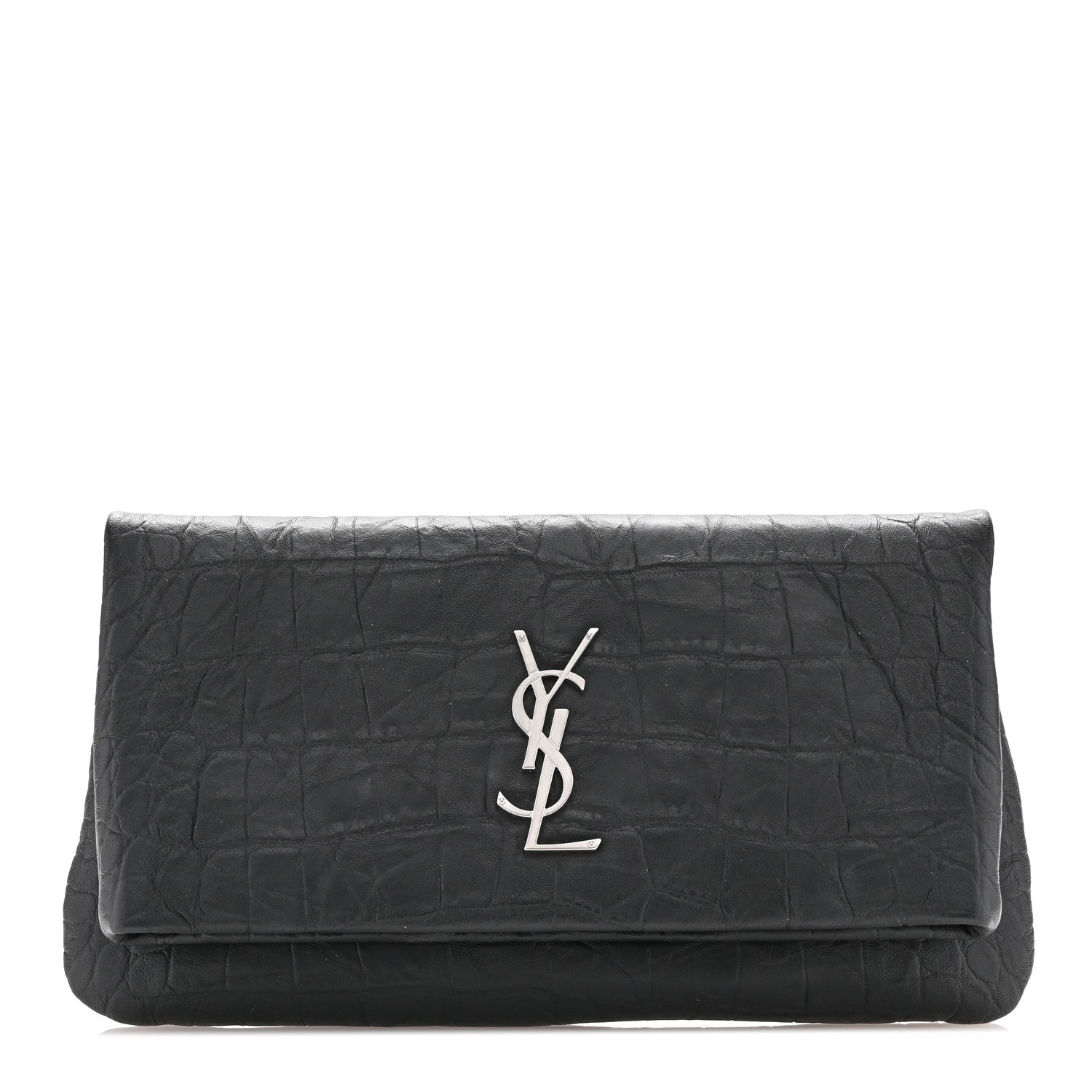 Saint Laurent Calfskin Crocodile Embossed West Hollywood Monogram Fold Over Clutch Black 1 of 7