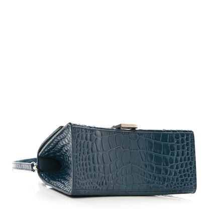 Balenciaga Shiny Calfskin Crocodile Embossed Small Hourglass Top Handle Bag Dark Petrol Blue 4 of 10
