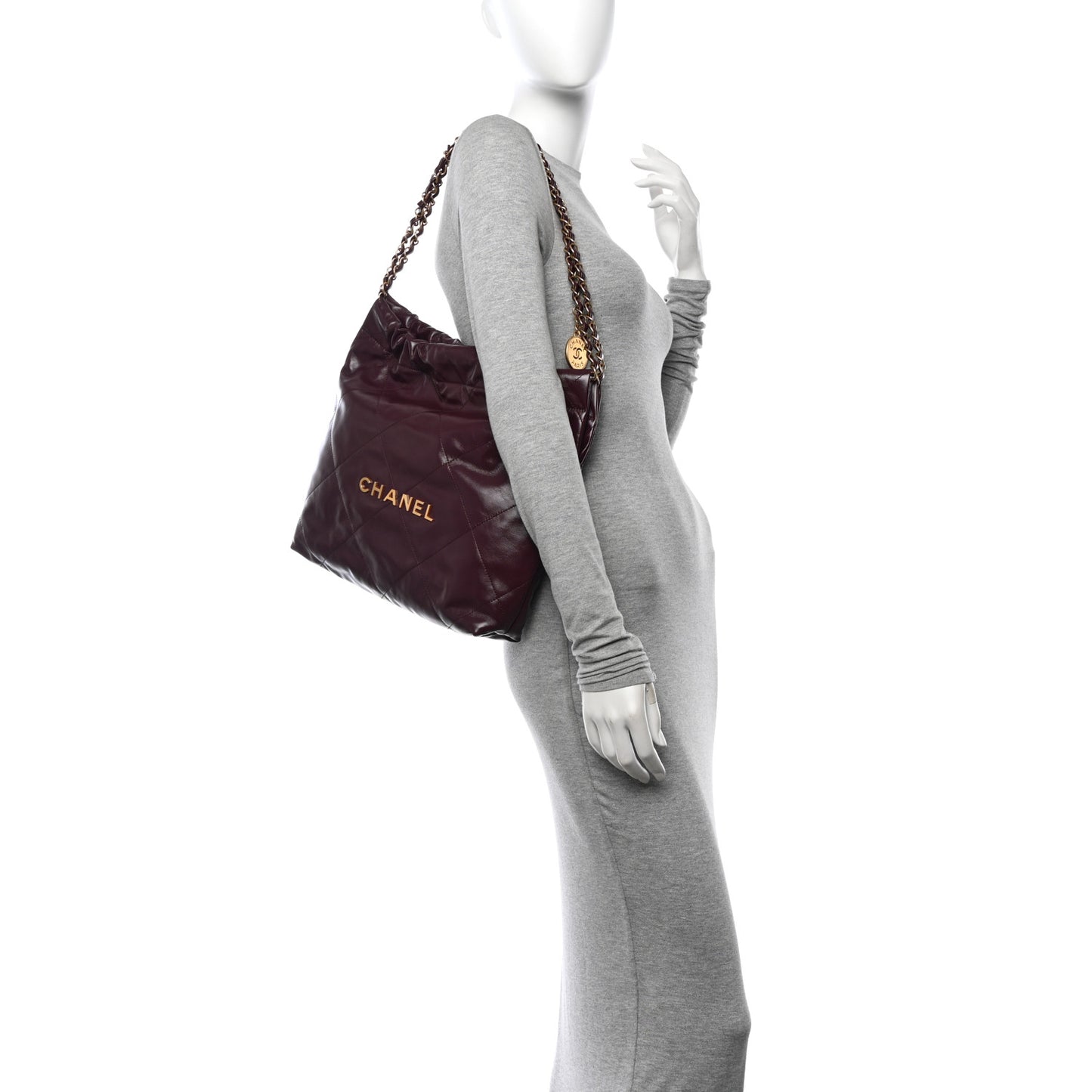 Shiny Calfskin Quilted Small Chanel 22 Dark Burgundy