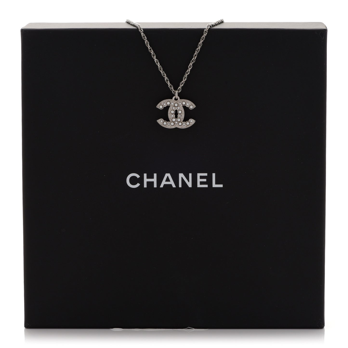 Crystal Pearl CC Pendant Necklace Silver