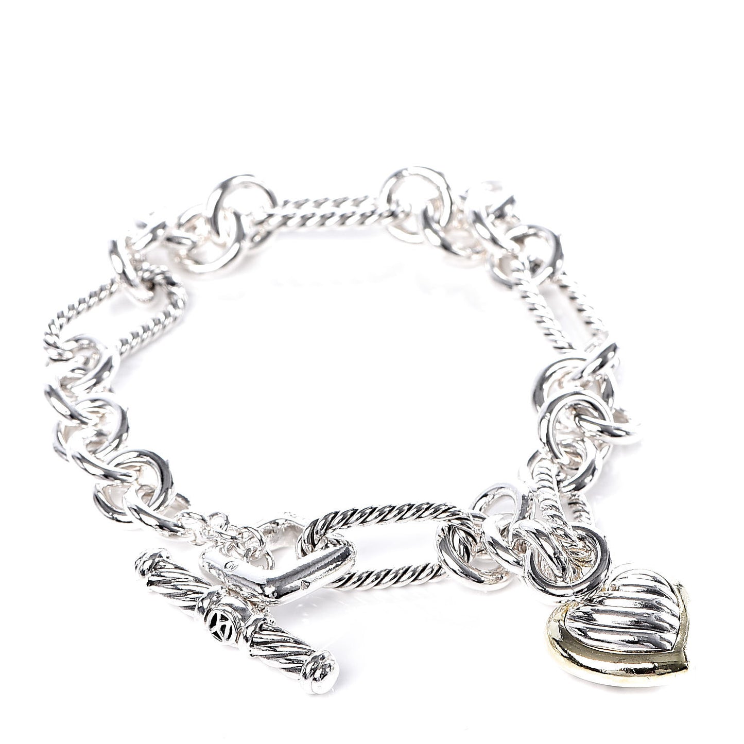 Sterling Silver 18K Yellow Gold Cable Heart Charm Bracelet
