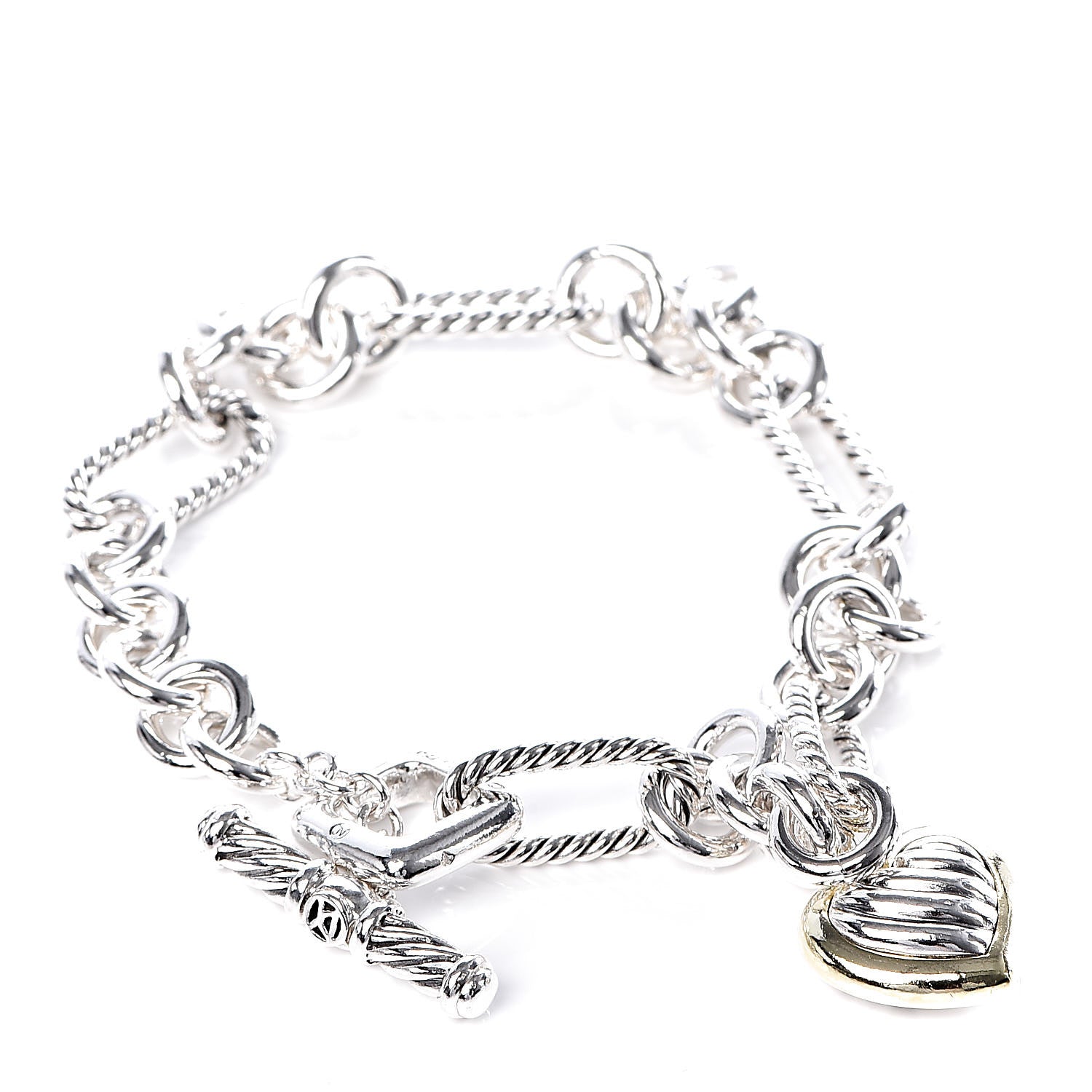 David Yurman Sterling Silver 18K Yellow Gold Cable Heart Charm Bracelet 1 of 4