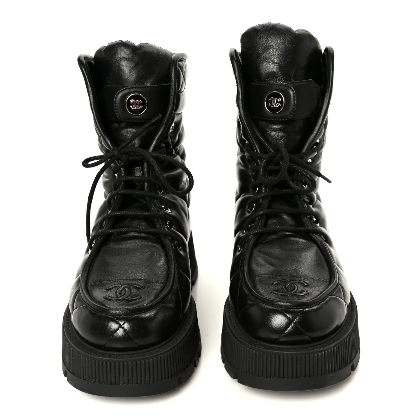 Lambskin Calfskin Quilted Lace Up Combat Boots 40.5 Black