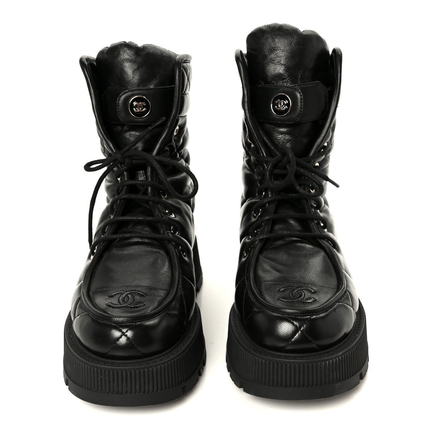 Chanel Lambskin Calfskin Quilted Lace Up Combat Boots 40.5 Black 3 of 10
