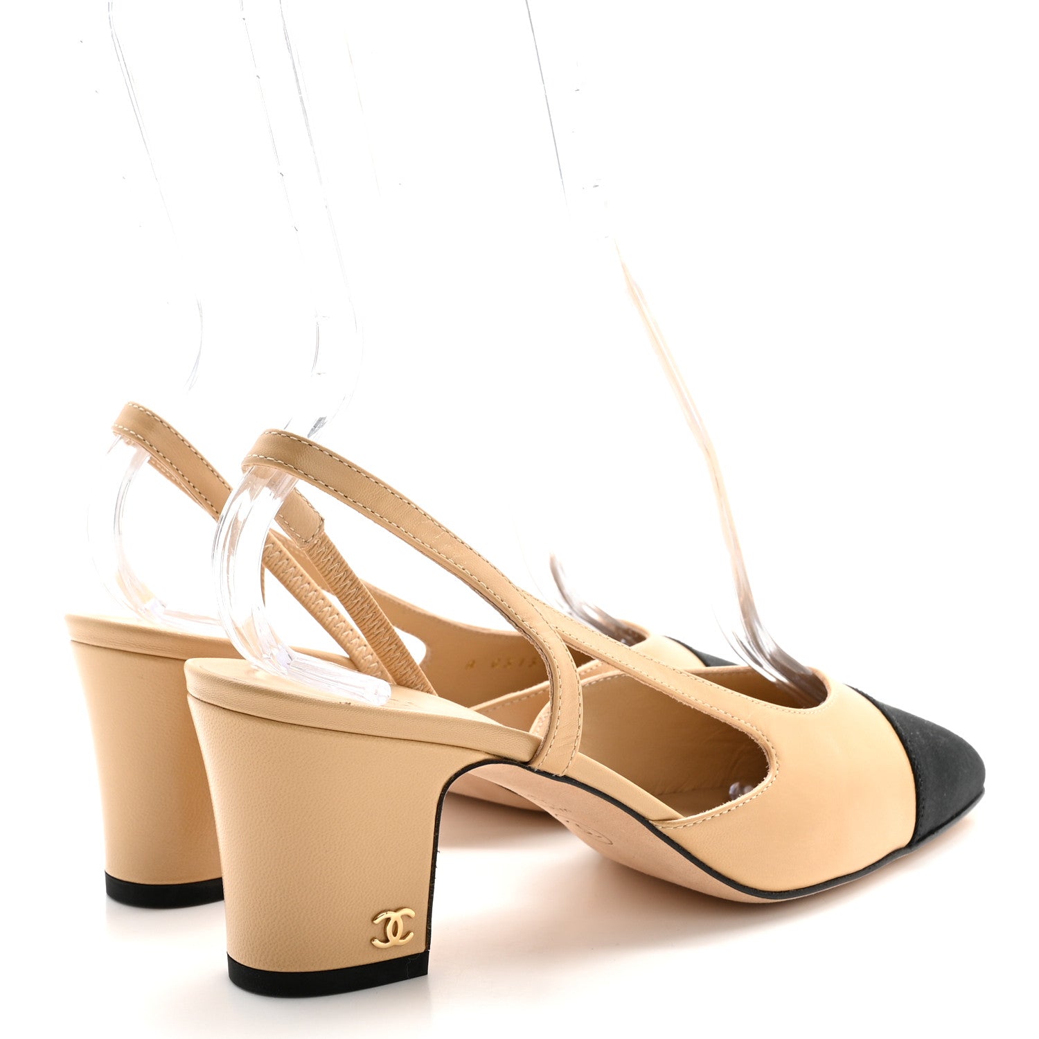 Chanel Goatskin Grosgrain Cap Toe CC Slingback Pumps 36.5 Beige Black 4 of 10