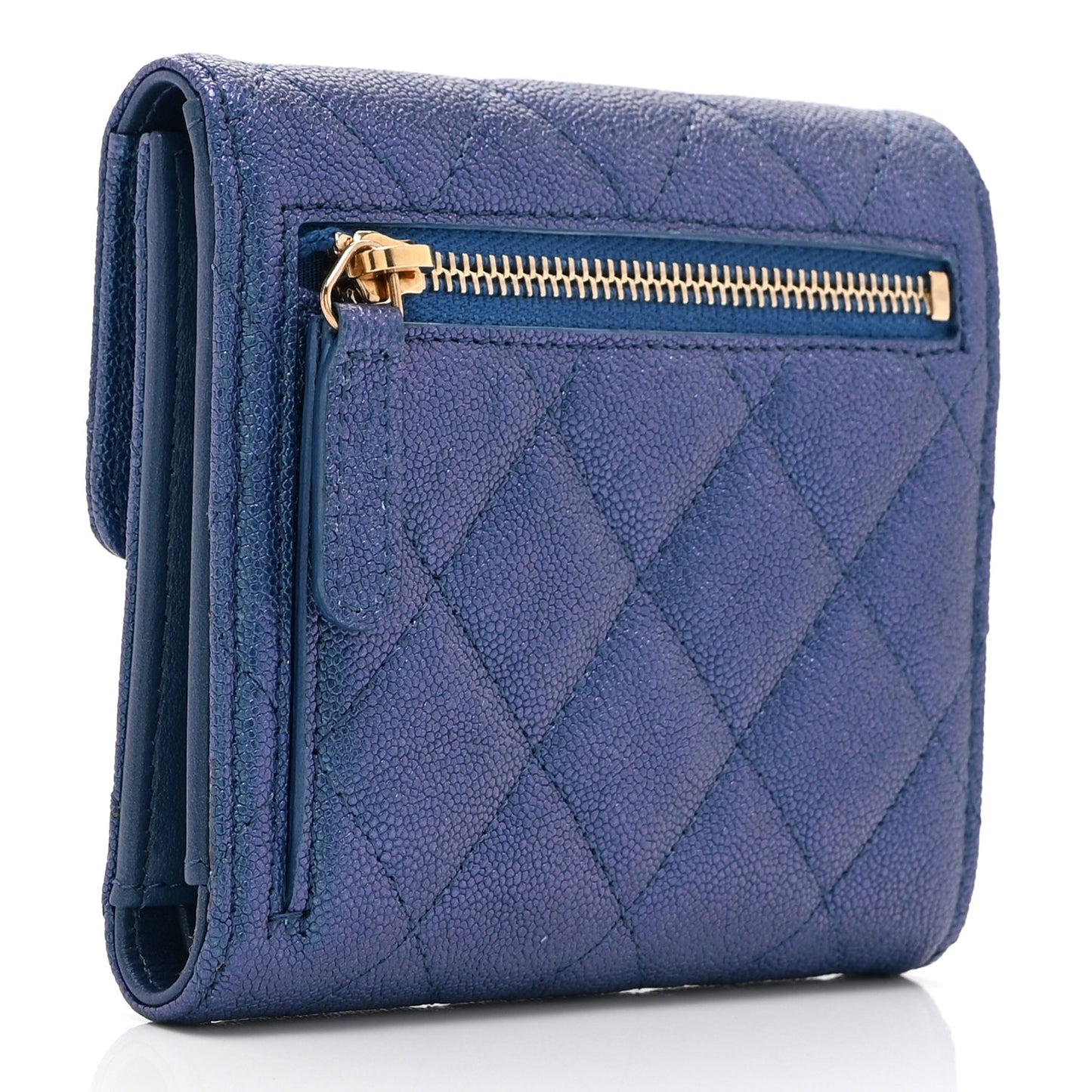 Iridescent Caviar Flap Quilted Card Holder Wallet Dark Blue