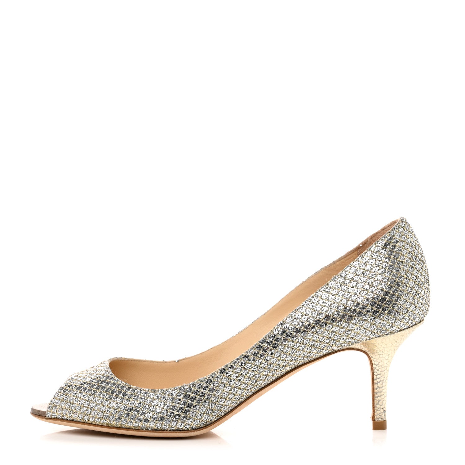 Jimmy Choo Glitter Fabric Evelyn Peep Toe 65 Pumps 37.5 Champagne 1 of 8