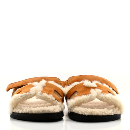 Hermes Suede Goatskin Woolskin Womens Chypre Sandals 37.5 Brun Fume Ecru 2 of 8