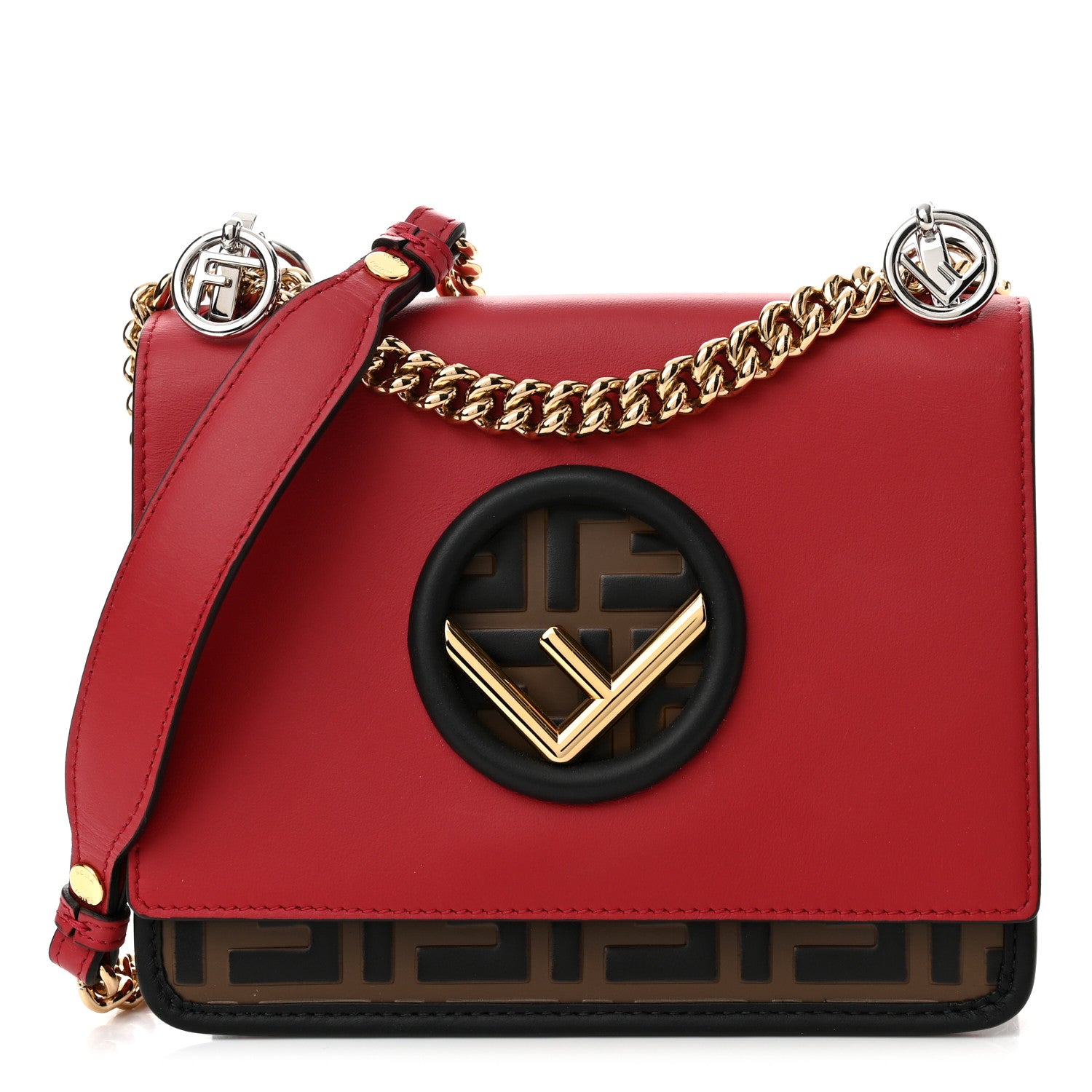 Fendi Vitello Century F is Fendi Bi-Color FF 1974 Embossed Small Kan I Shoulder Bag Fragola Maya Black 1 of 10
