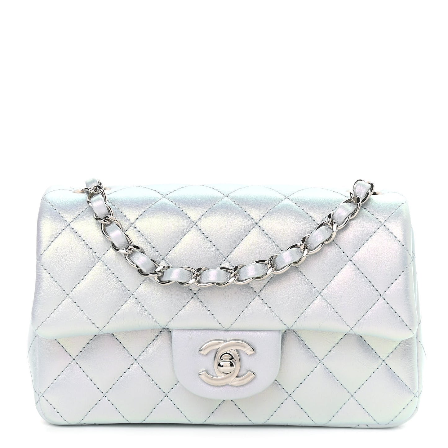 Iridescent Calfskin Quilted Mini Rectangular Flap Light Blue
