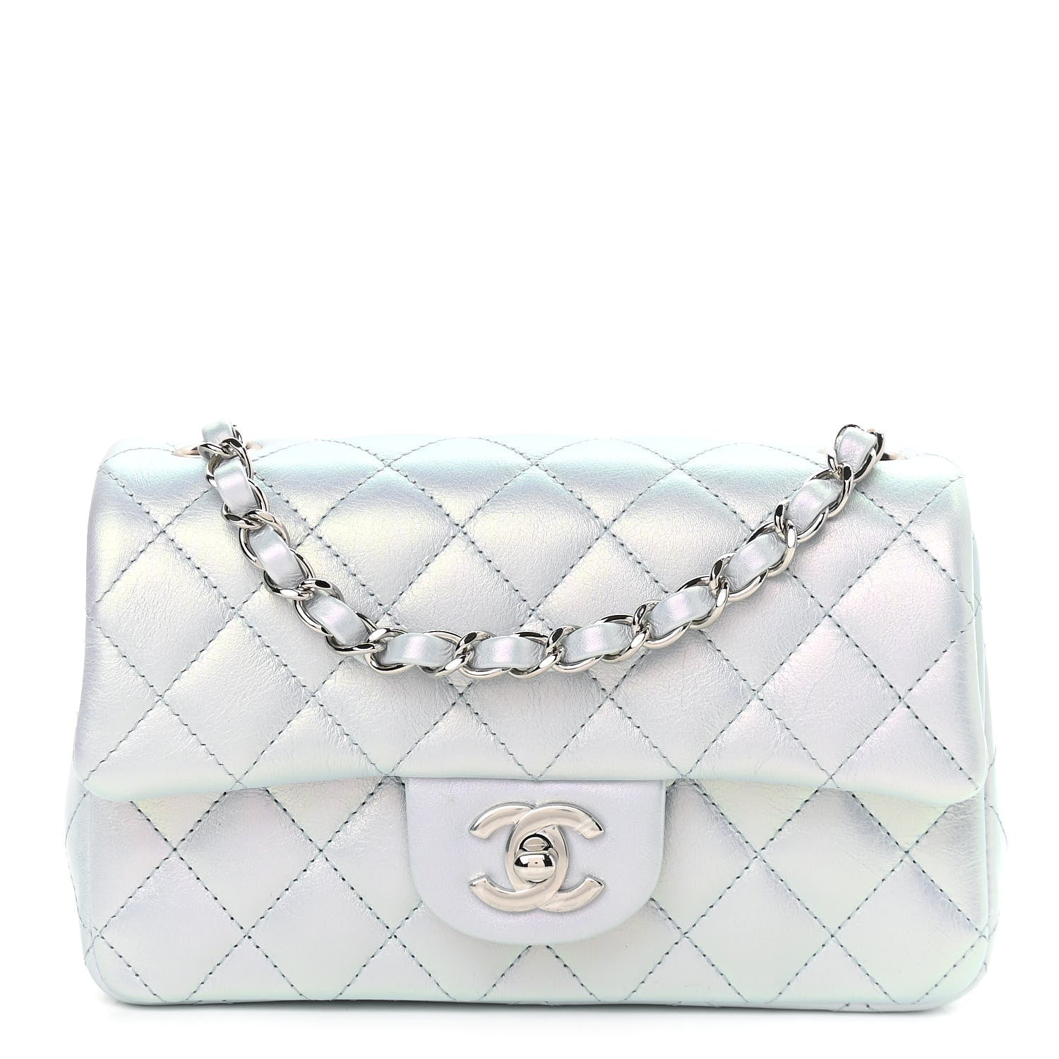 Chanel Iridescent Calfskin Quilted Mini Rectangular Flap Light Blue 1 of 9