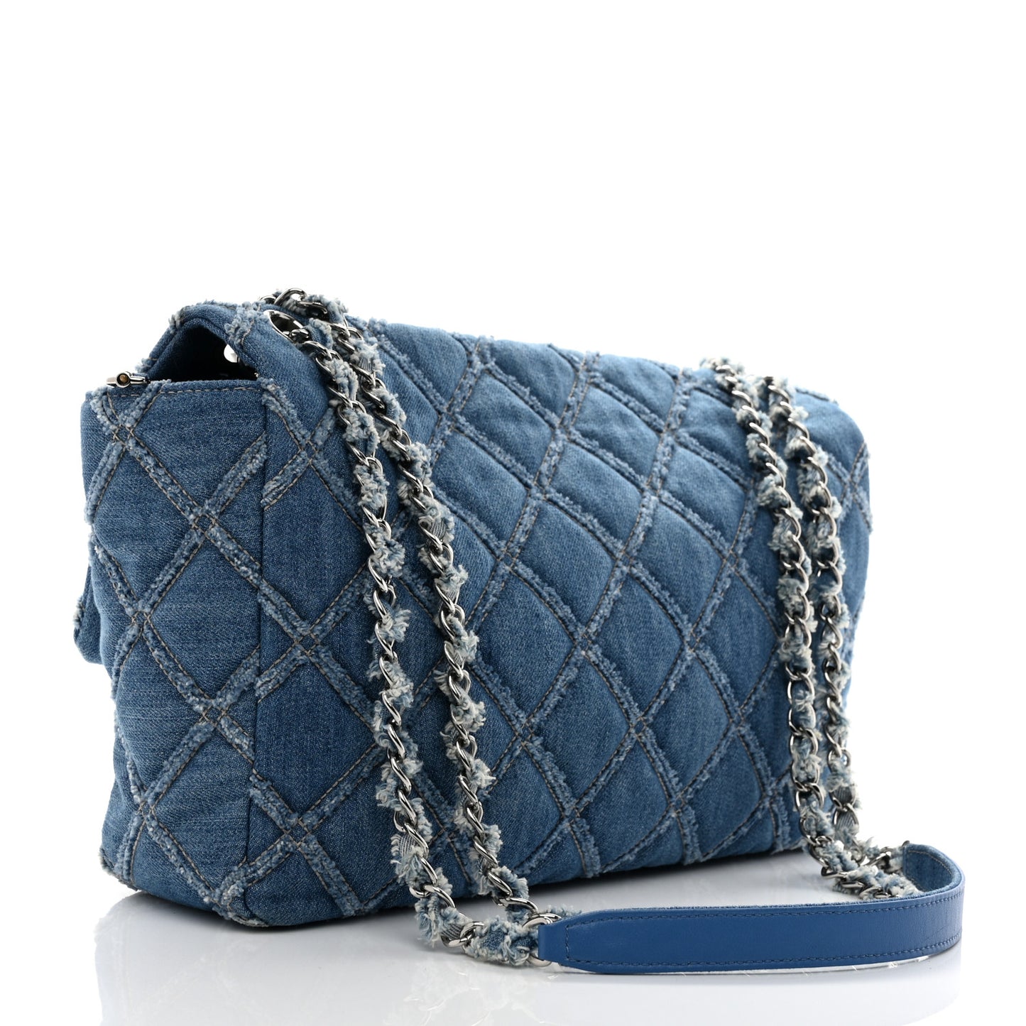 Frayed Denim Quilted Large Blue Chip Flap Blue