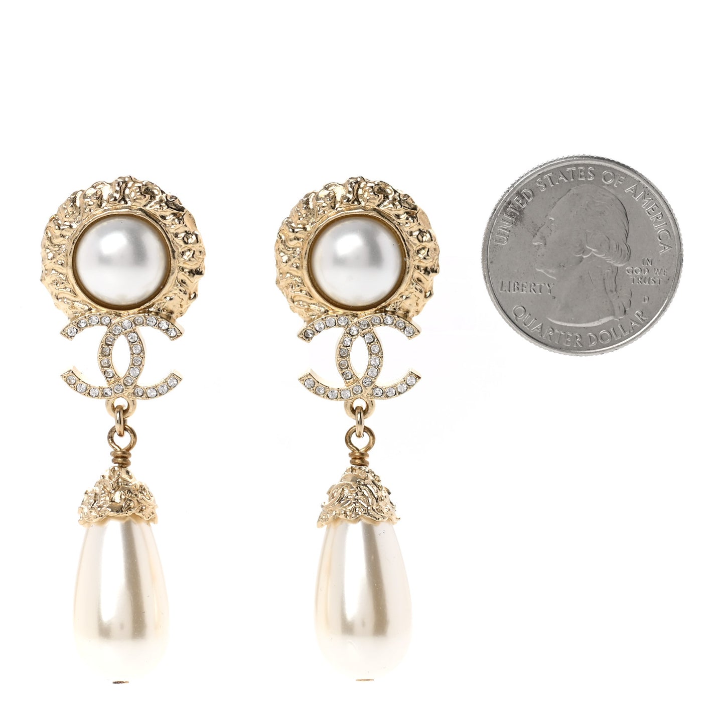 Metal Pearl Crystal Textured Teardrop CC Drop Earrings Gold