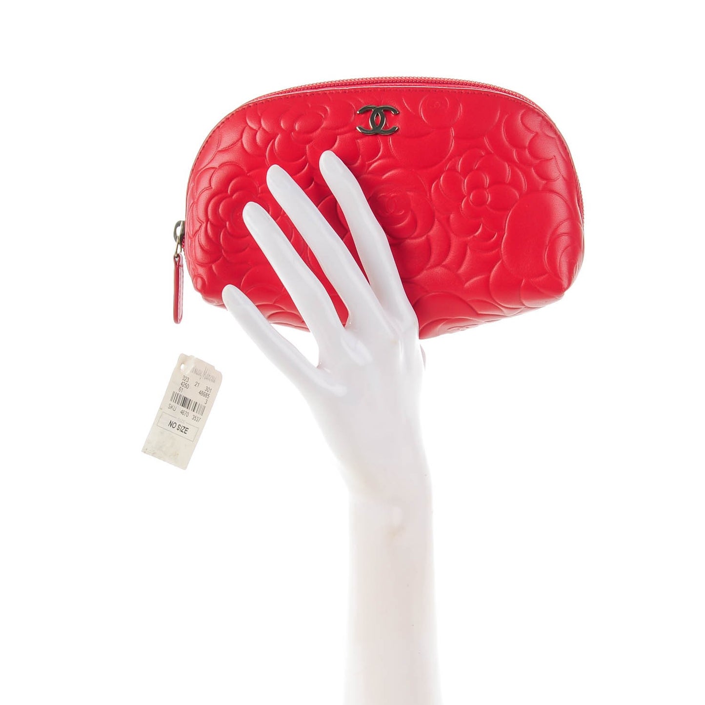 Lambskin Camellia Embossed Cosmetic Case Red