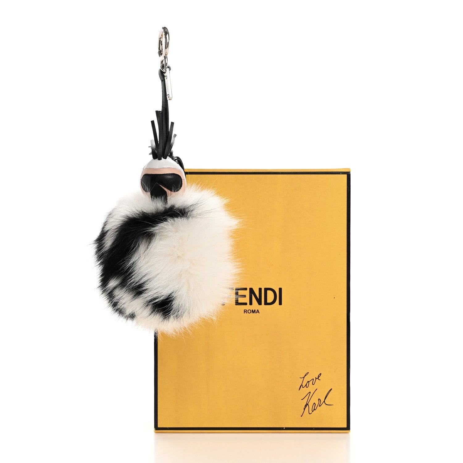 Fendi Lambskin Fox Fur Super Karlito Pom Pom Bag Charm Black White 6 of 6