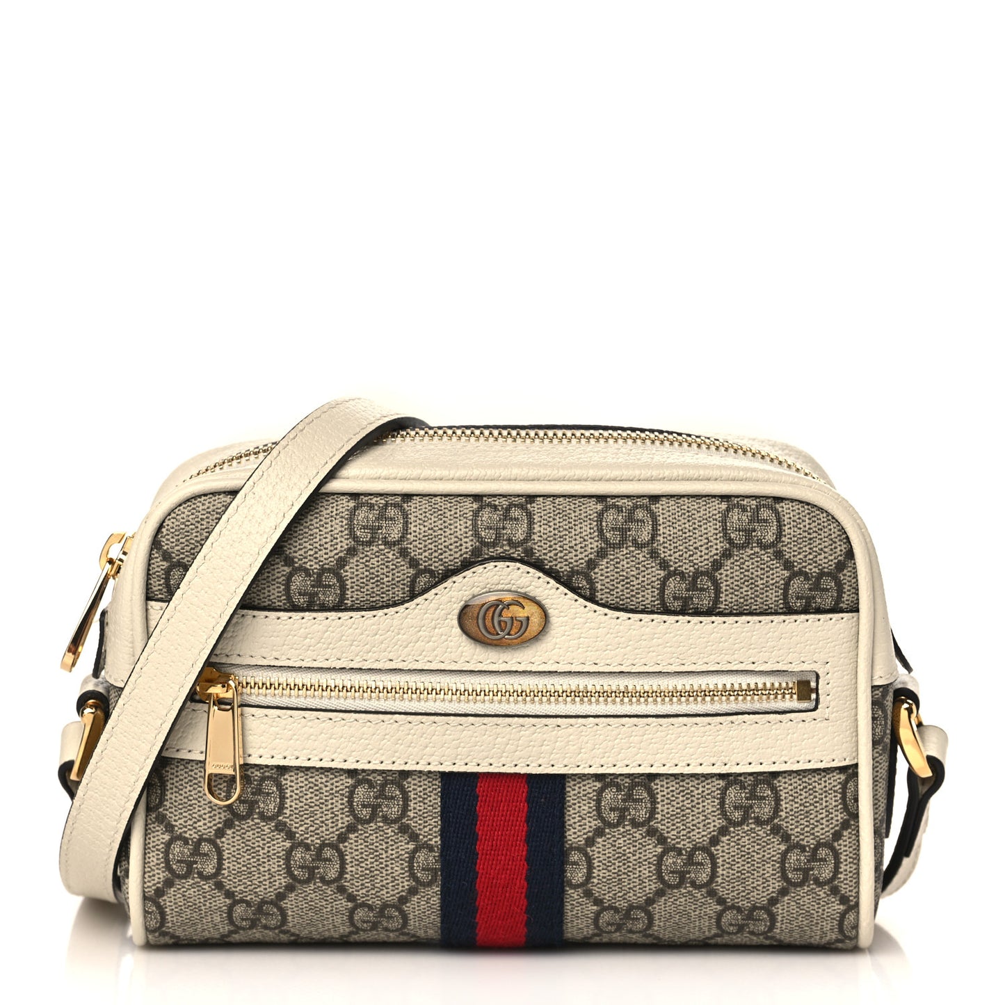 GG Supreme Monogram Textured Calfskin Web Mini Ophidia Shoulder Bag Beige Ebony Mystic White