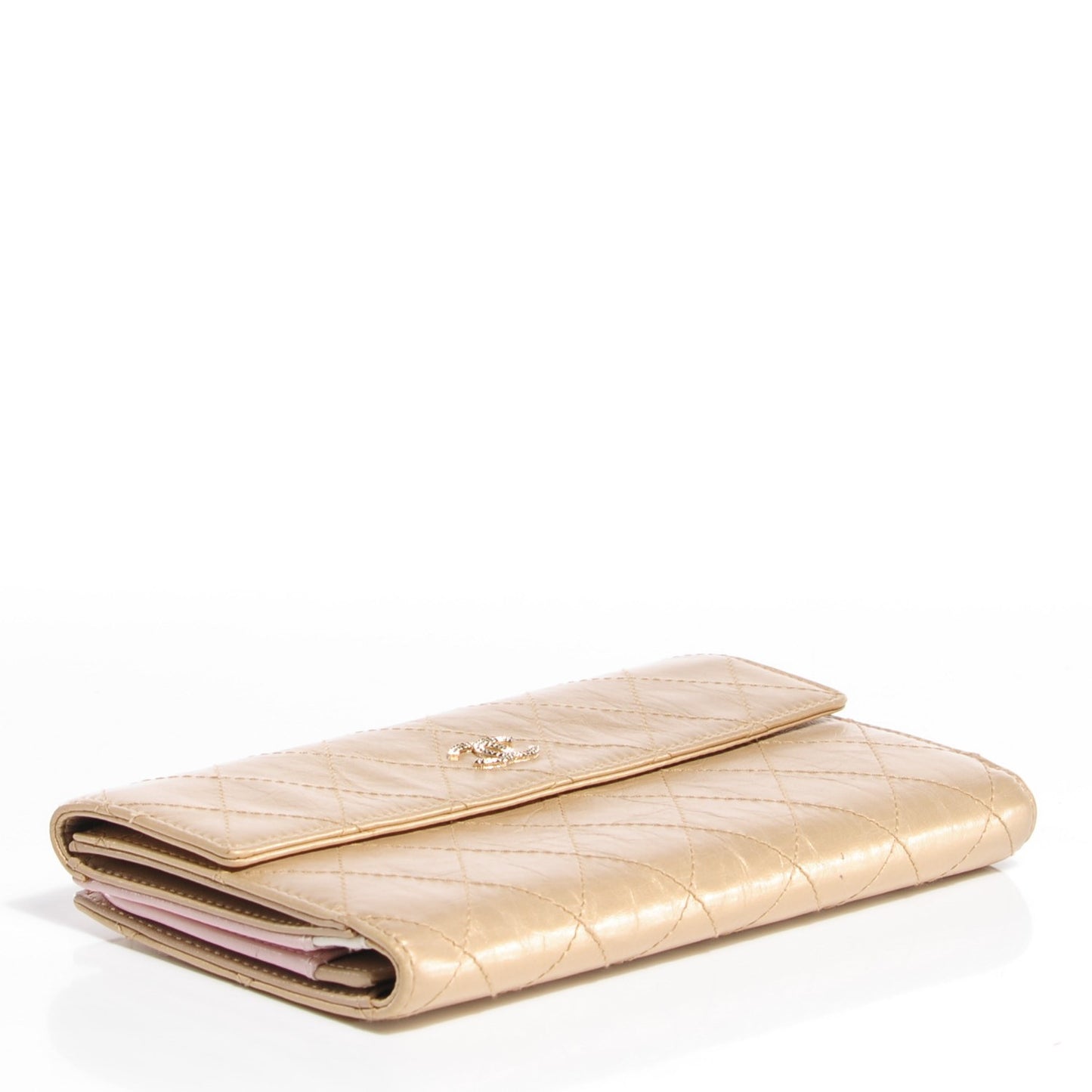 Metallic Calfskin Quilted Long Flap Wallet Gold