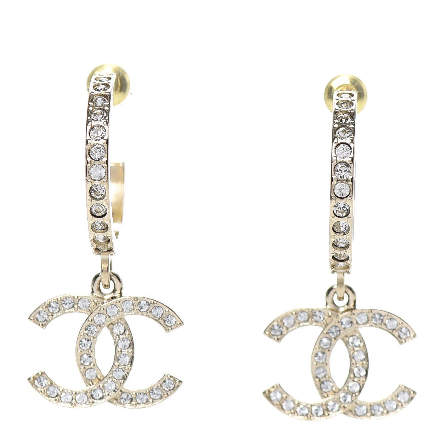 Chanel Crystal CC Hoop Drop Earrings Gold 1 of 5