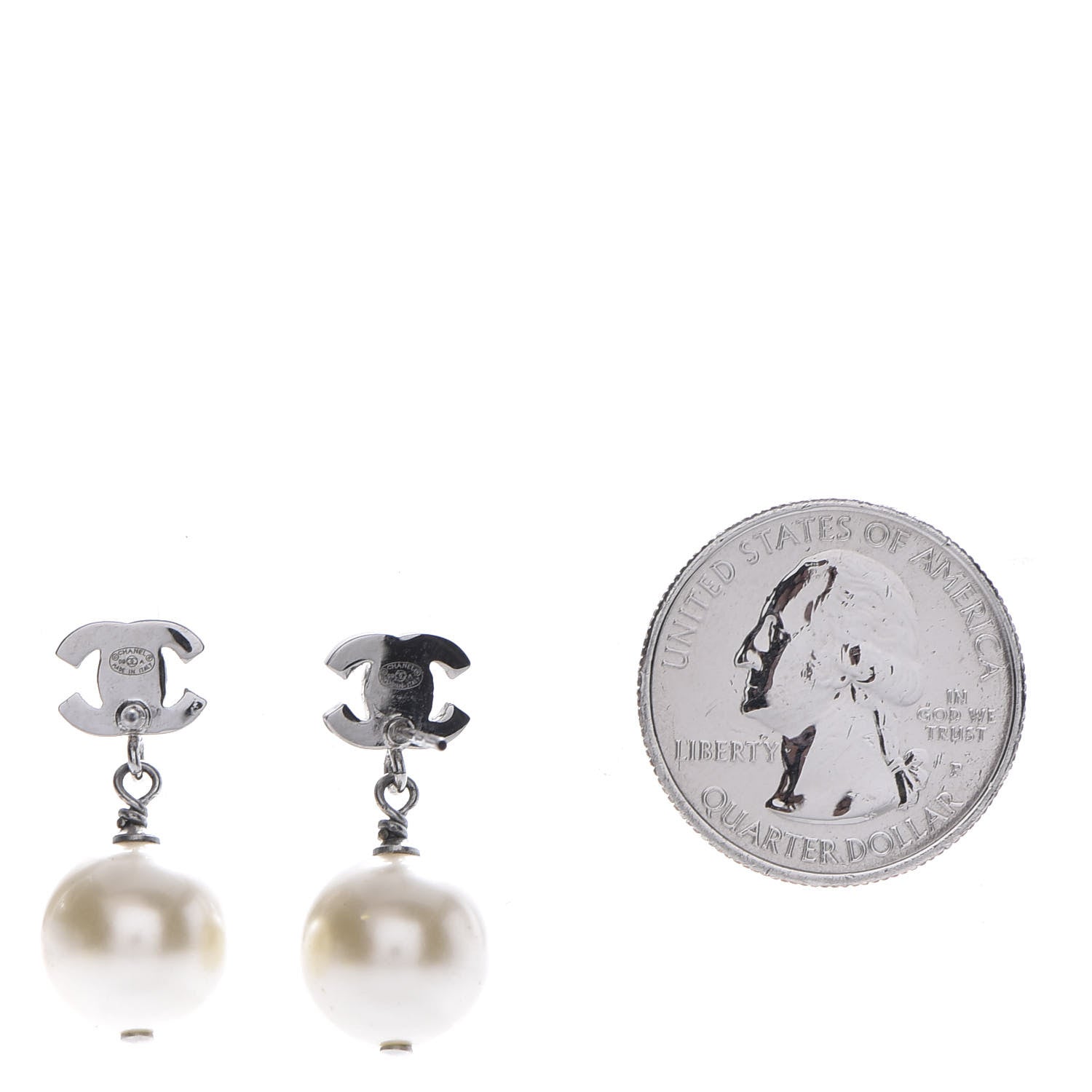 Chanel Crystal Pearl CC Drop Earrings Silver 2 of 4