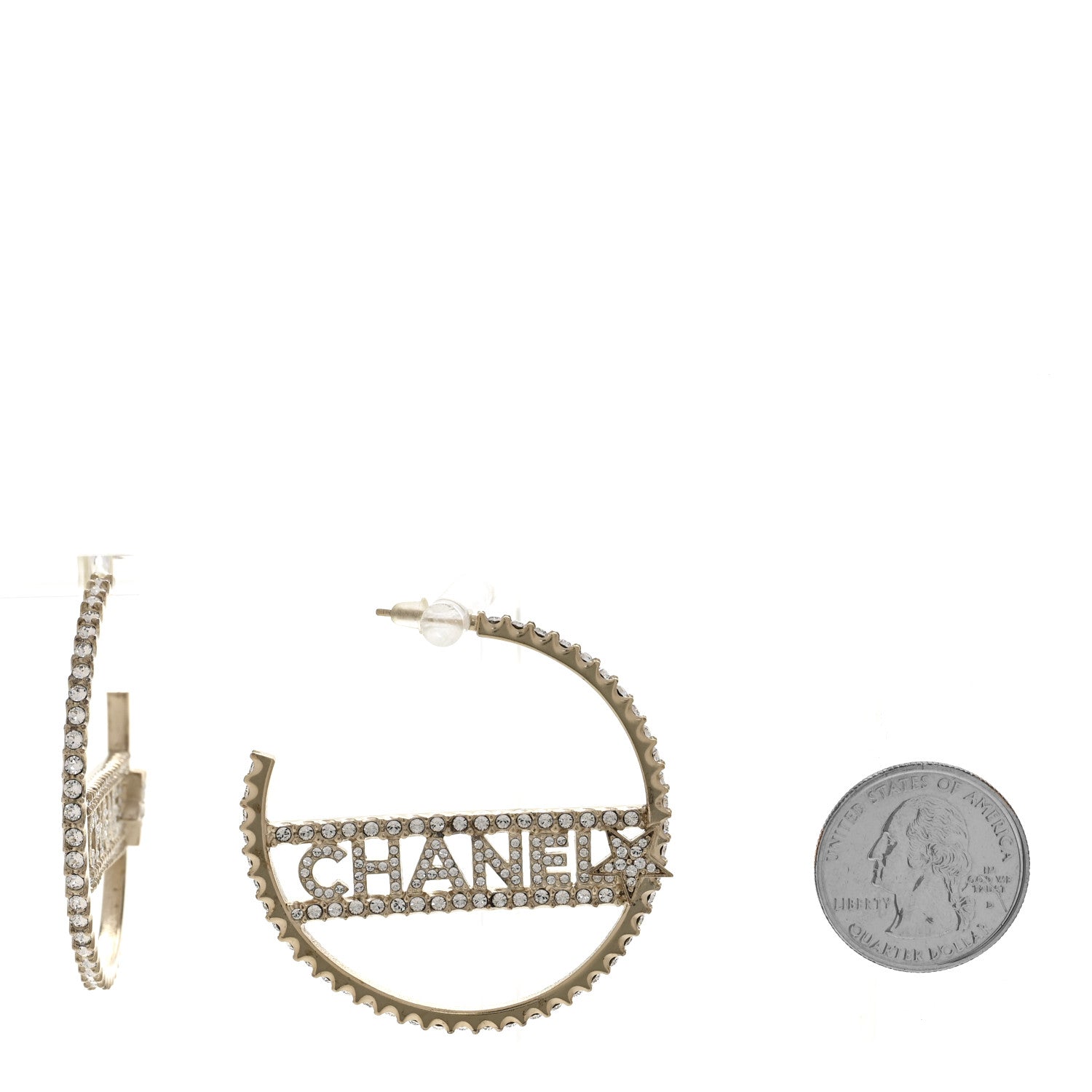 Chanel Crystal Logo Hoop Earrings Gold 2 of 6