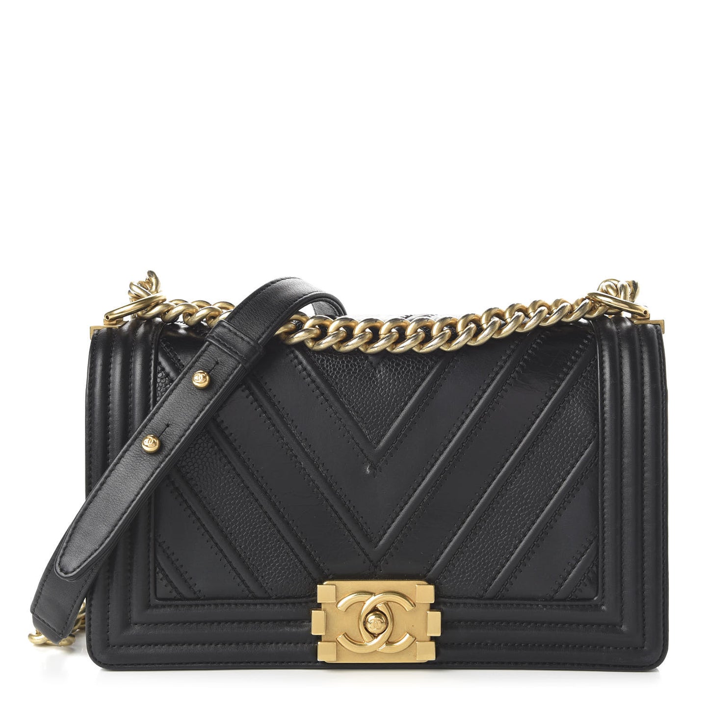 Caviar Glazed Calfskin Chevron Medium Boy Flap Black