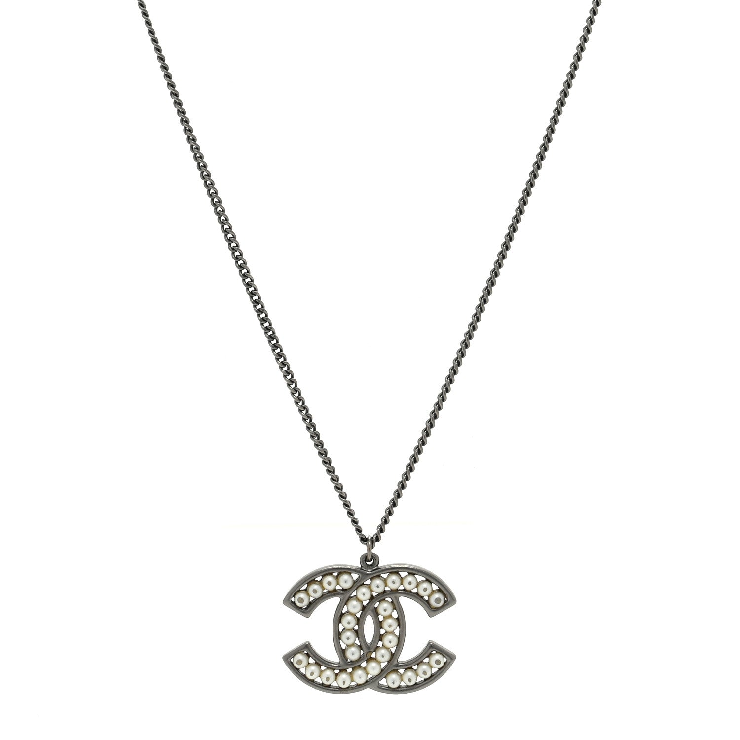 Chanel Ruthenium Pearl CC Pendant Necklace Silver 1 of 4