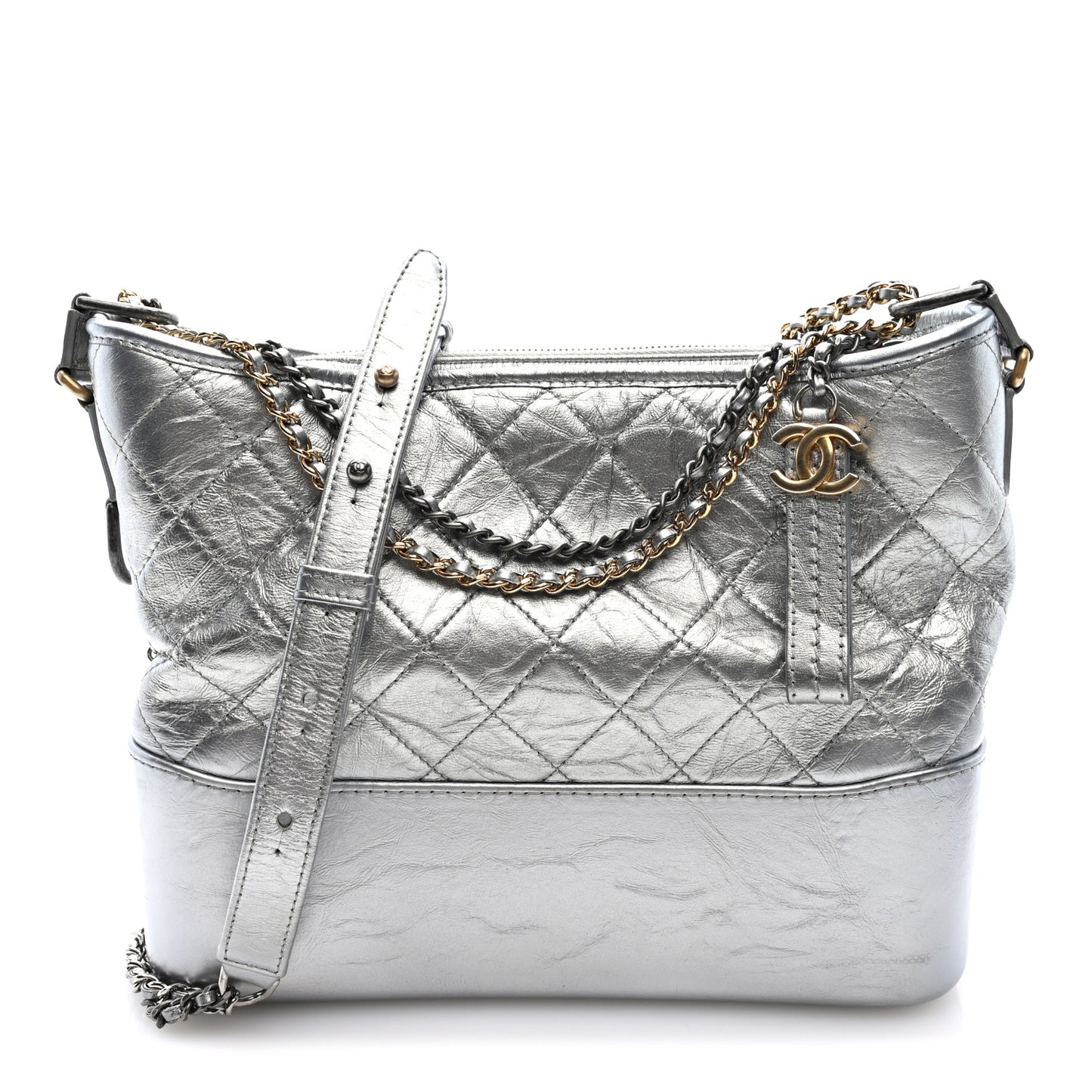 Metallic Aged Calfskin Quilted Medium Gabrielle Silver