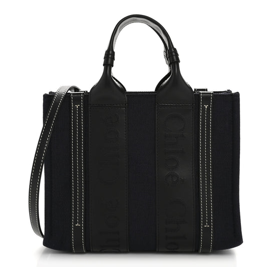 Calfskin Linen Small Woody Tote Deep Denim