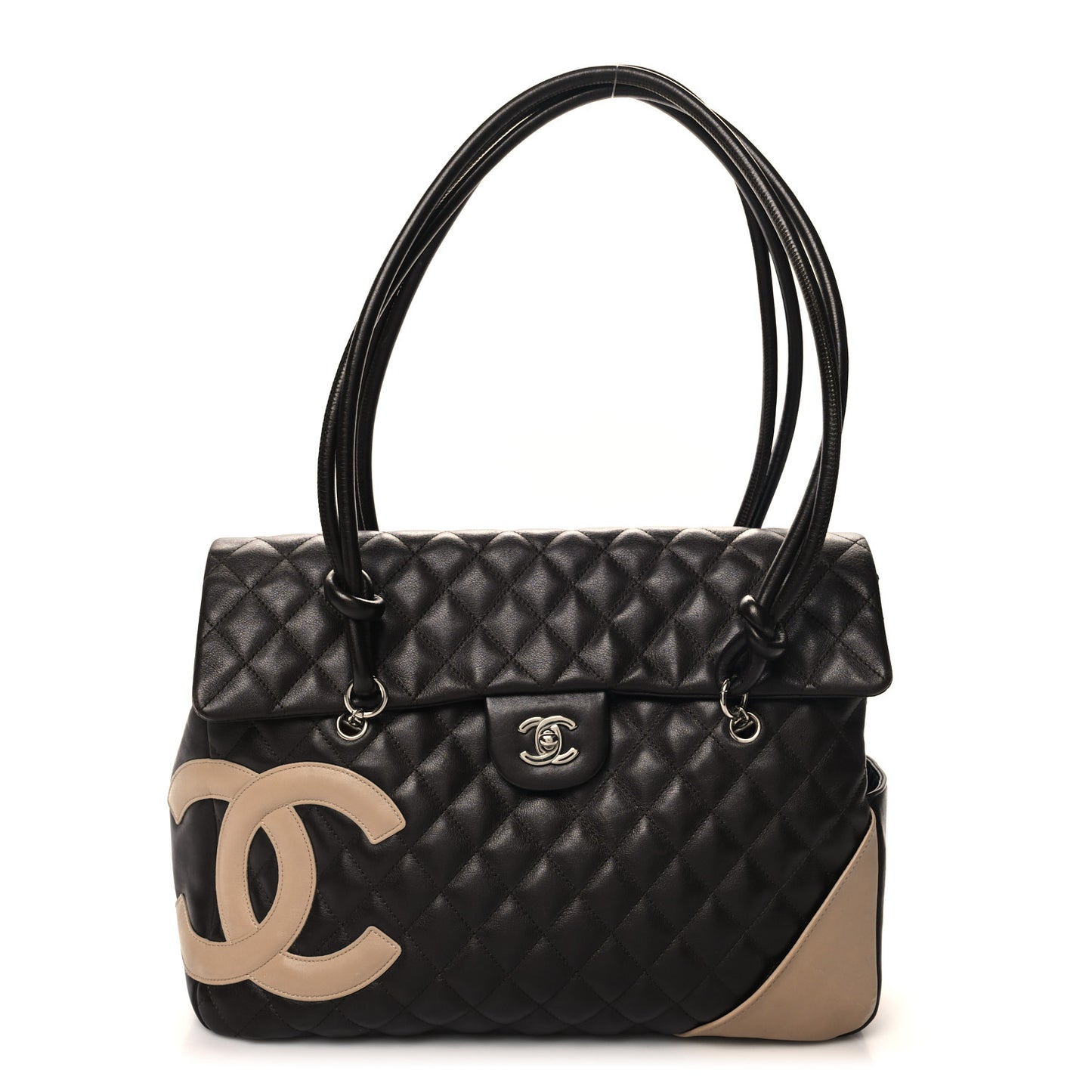 Calfskin Quilted Large Cambon Flap Brown Beige